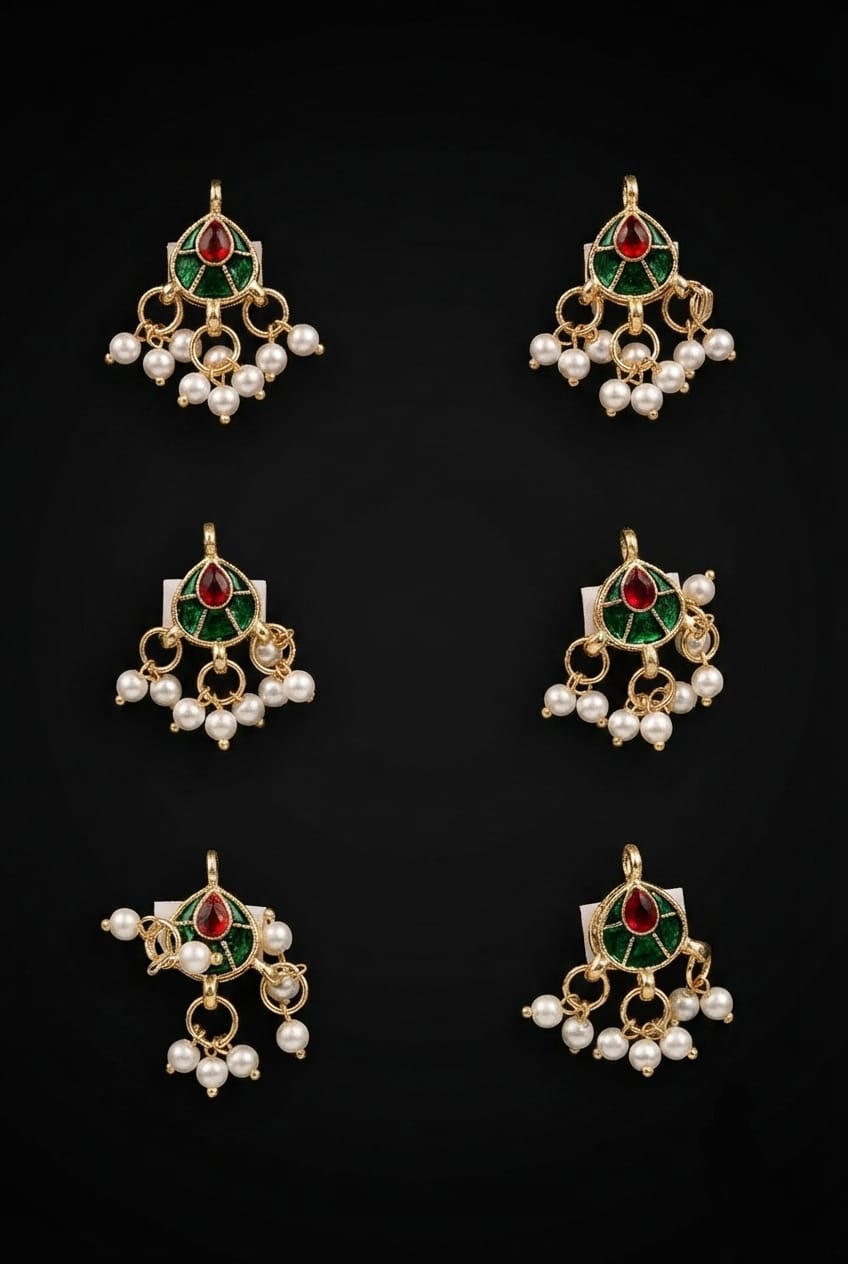 Traditional Teardrop Meenakari & Pearl Hair Charms (6 pcs)