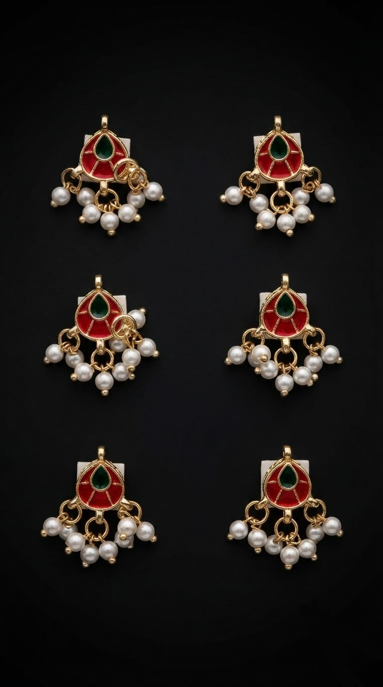 Traditional Teardrop Meenakari & Pearl Hair Charms (6 pcs)