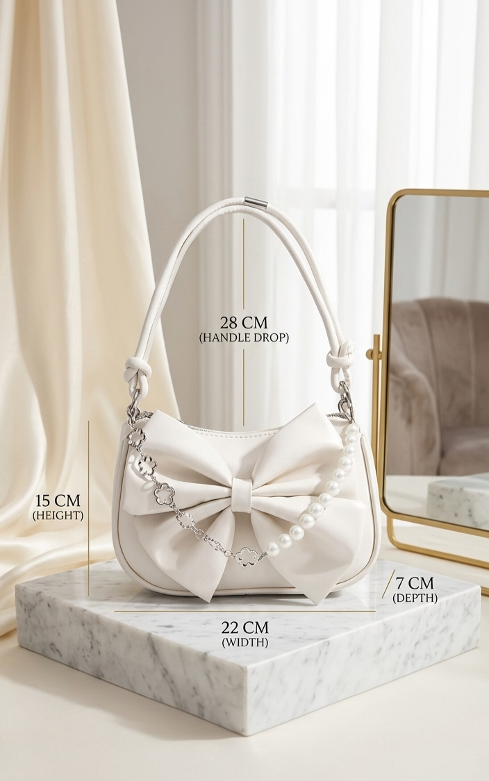 A white handbag with a large bow and pearl trim sits on a marble pedestal in a softly lit interior. Black measurement text overlays show the bag's dimensions: 28 cm handle drop, 15 cm height, 22 cm width, and 7 cm depth.